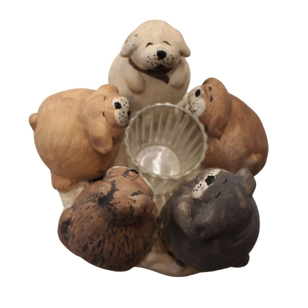 Ceramic Dog Figurine Candle Holder 5 Puppies Votive Centerpiece Dog Lover Gift
